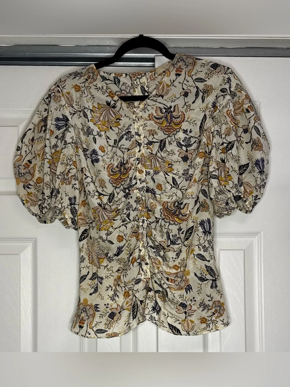 Ulla Johnson Cream Multicolor Floral Silk Puff Sleeve Blouse - Size 16